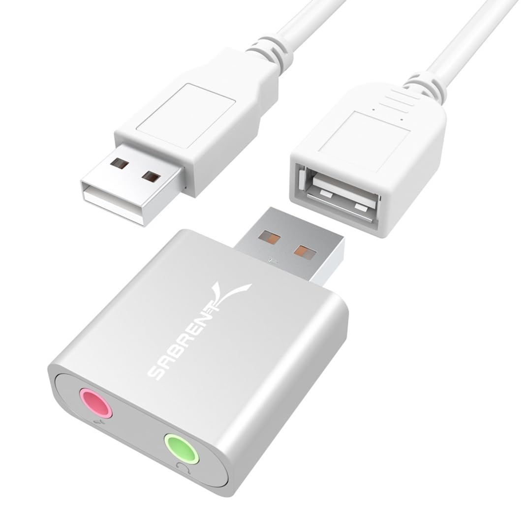 SABRENT Aluminum USB External Stereo Sound Adapter for Windows and Mac. Plug and Play No Drivers Needed. [Silver] (AU-EMAC)