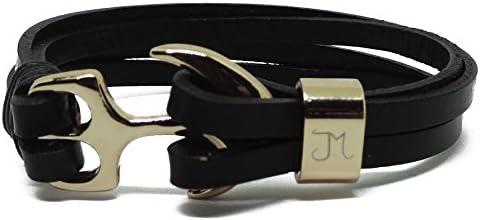 J Mrad Men's Genuine Leather Bracelet With Anchor Charm Wrist Wrap Band - Gold Anchor Black Leather 8 Inch