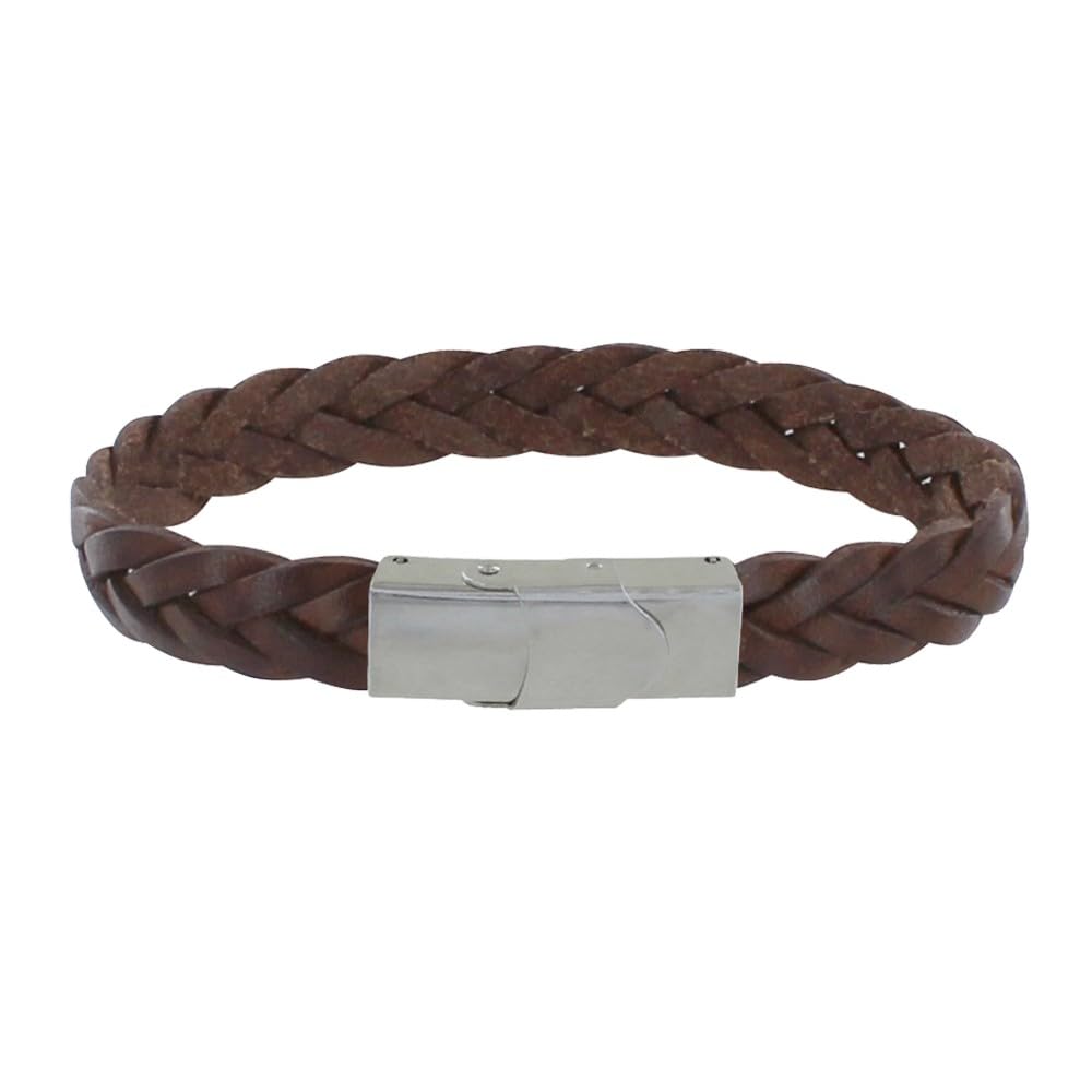 LES POULETTES BIJOUX - Men's Bracelet Dark Brown Leather Braided with Steel Clasp - taille 23 cm