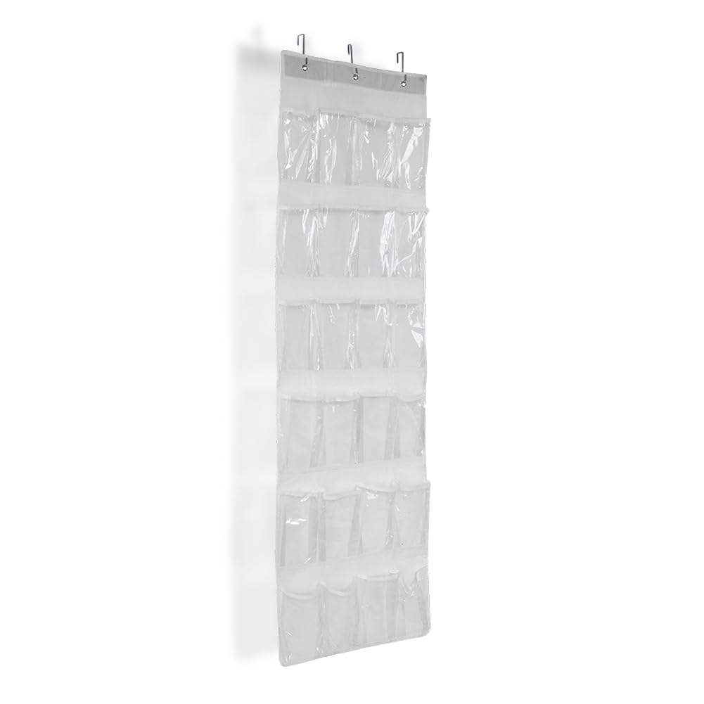 Tiiyee 24 Pockets Over the Door Shoe Storage Hanging Bag, Foldable Slot Organizer Transparent Hanger with 3 Metal Holder Hooks Space Saving Shelves Stand for Closet Entryway Bedroom Bathroom