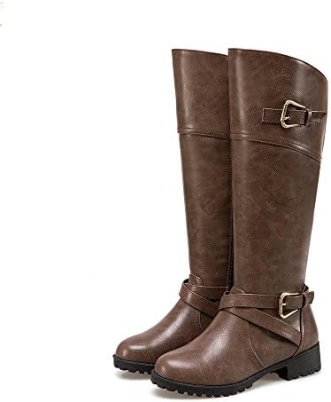 Wonvatu Knee High Boots for Women Side Zip Leather Flat Riding Boots with Buckle Straps
