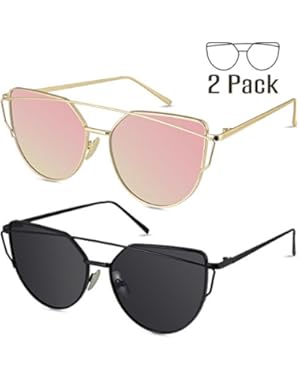 Sunglasses for Women, 2 Pack Cat Eye Mirrored Flat Lenses Metal Frame Sunglasses UV400