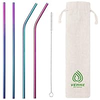 VEHHE Metal Straws Stainless Steel Straws 10.5" Drinking Straws Reusable 4 Set - Ultra Long Rainbow Color-Cleaning Brush for 20/30 Oz for Yeti RTIC SIC Ozark Trail Tumblers (2 Straight|2 Bent|1 Brush)