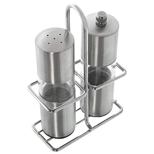 SET SALERO+PIMENTERO ACERO INOX/ACRILICO C/SOPORTE METAL CR 10X4,5X16CM,SALERO:3,5X12,5CM