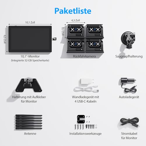 4 Reversing Cameras Wireless Solar Magnetic Reversing Camera: 10.1 Inch 1080P Touchscreen IPS Monitor, 9600 mAh Battery, 1 Minute Setup, IP69K Waterproof Reversing Cameras for Motorhomes, Trailers and Trucks