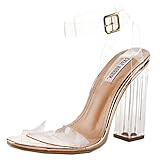 Cape Robbin Maria-2 Women's Lucite Clear Strappy Block Chunky High Heel Open Peep Toe Sandal,Rose Gold (9)