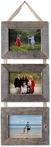 My Barnwood Frames - 3, 5x7" Reclaimed Barn Wood Frames Hanging on Burlap Ribbon, USA Made (Landscape-Landscape-Landscape)