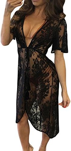 Women’s Floral Lace Swimsuits Beach Cover Ups - Sexy Long Mesh Cardigan Bathing Suit Coverups Swimwear Bikini Cover Up Dress (XL, Black)