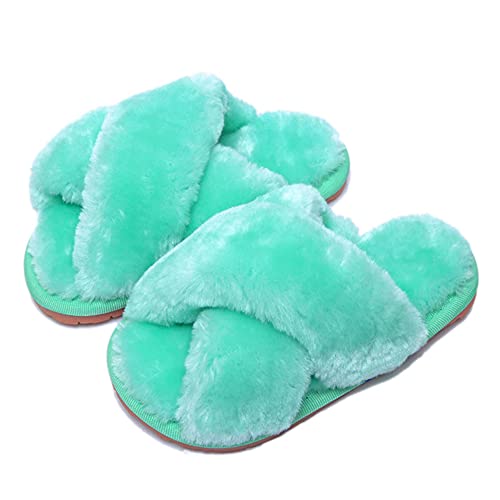 Fadezar Girls Fluffy Cute Fuzzy Slippers - Open Toe Warm Fur Slides Cross Band Plush Slip on House Indoor Slippers