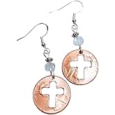Penny Earrings with Cross Cutout with Clear Faceted Crystal Accent Beads on Sterling Silver Earwires, Christian, faith, USA coin jewelry