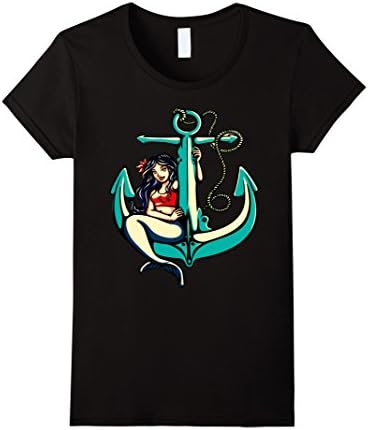 Women's Pretty Sirem Anchor Girl School Sailor Tatto T-Shirt  Medium Black