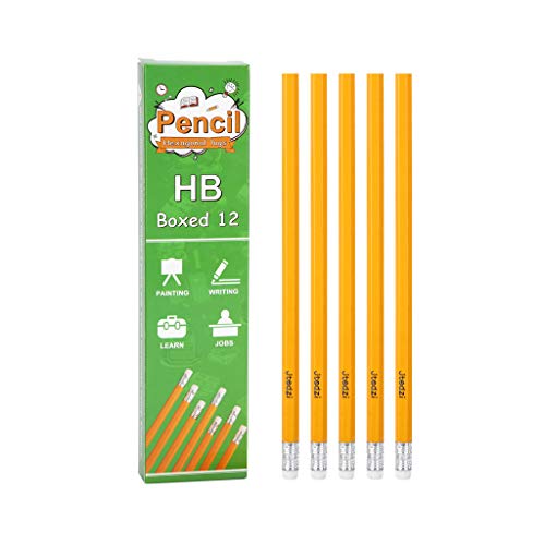 #2 HB Wood-cased Pencils with Eraser Tops, 12 Pack Beginner Graphite Pencils, Yellow Un-sharpened Pencils, Smooth Writing for Exams, School, Office, Drawing and Sketching