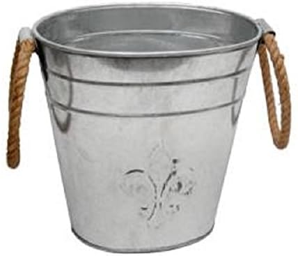 Tall Galvanized Tin Metal Ice Bucket for Party Drinks or Planter Pail with Jute Rope Handles, Fleur De Lis
