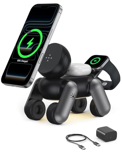 SoulBytes Cargador inalámbrico 3 en 1, Soporte Cargador inalámbrico magnético Plegable con luz Nocturna, Compatible con iPhone 17/Air/16/15/14/13/12 Series, AirPods 4/3/2 Pro y Apple Watch.(Nergo)