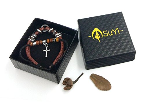 Suyi Multilayer Adjustable Leather Woven Braided Bangle Cross Bracelet Leaf Wrist Cuff Wristband Ccoffee