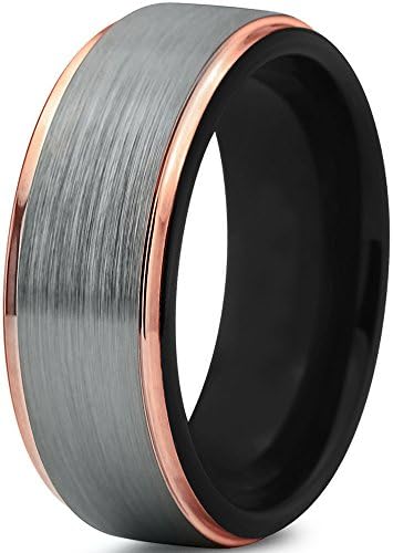 Midnight Rose Collection Tungsten Wedding Band Ring 10mm 8mm 6mm 4mm for Men Women 18k Rose Gold Plated Flat Cut Black Grey Brushed Polished