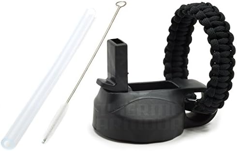 32oz Black wide mouth straw lid cap w/ paracord loop handle + silicone straw + straw brush for Hydro Flask &amp; Takeya bottles (Black w/ paracord, 32oz)