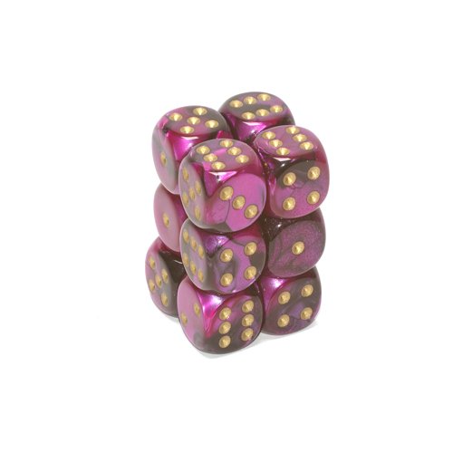 Chessex Dice d6 Sets: Gemini Black & Purple with Gold - 16mm Six Sided Die (12) Block of Dice