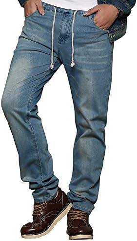 HEMIKS Men's Comfy Stretch Drawstring Elastic Waist Regular Fit Denim Jeans Pants