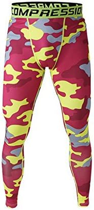 Welen Mens Sport Compression Leggings Base Layer Long Pants Camo Trousers, Red Yellow, XL