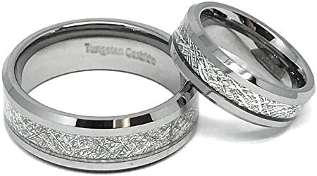 Wedding Band Ring Set For Him &amp; Her - 8MM/6MM Tungsten Carbide Beveled Edge with Meteorite Center Inlay