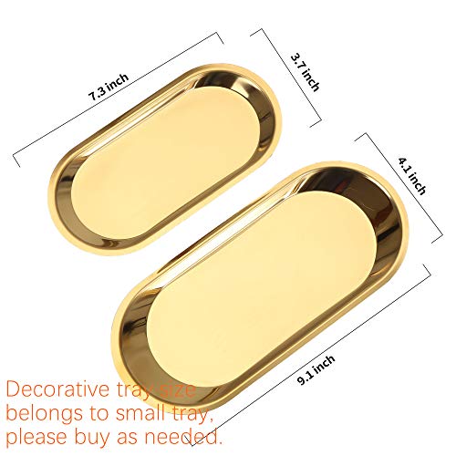 AJIEVWU Decorative Metal Tray Stainless Steel Towel Tray Metal Storage Organizer Trays for Bathroom Vanity Countertops Dressers Dish Plate Tea Fruit Trays Cosmetics Jewelry Oval Tray 2PCS (Gold)