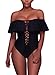 EVALESS Women's Lace Up Front Monokini Ruffle Off The Shoulder Push Up One Piece Bathing Suits Swimsuits Large Black