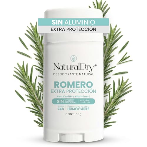 NaturalDry Desodorante Natural EXTRA PROTECCION | Delicioso aroma Romero | Sin Clorhidrato de Aluminio | Con Piedra de alumbre en polvo| No macha la ropa | NO ES ANTITRANSPIRANTE | Neutraliza el mal olor hasta 24 Horas | 50 G (1 unidad)