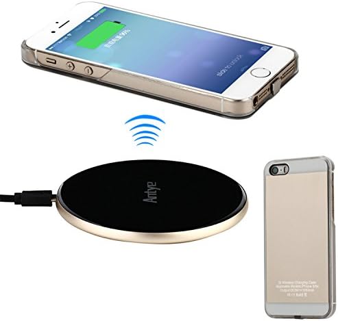Antye Qi Wireless Charger Pack for iPhone 5 5S SE - Including Wireless Charging Receiver Case and (Ultra Slim) Aluminum Wireless Charging Pad (Gold)
