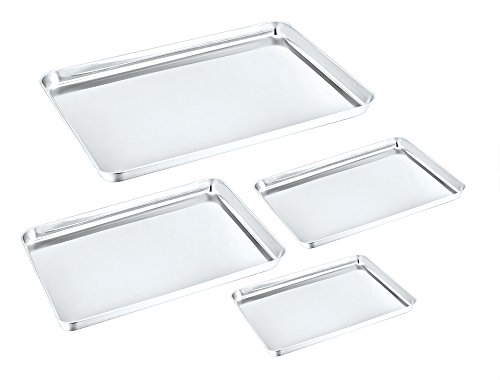 Baking Sheets Set of 4, P&P Chef Stainless Steel Cookie Sheets Toaster Oven Tray Pans, Rectangle Size, Healthy & Non Toxic, Mirror Finish & Easy Clean