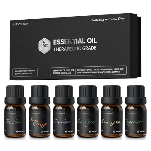 Airversa Top 6 Aromatherapy Oils Set-6 Packs, 10mL (Eucalyptus, Lavender, Lemon Grass, Sweet Orange, Peppermint, Tea Tree) - 0.34 Fl.Oz x 6