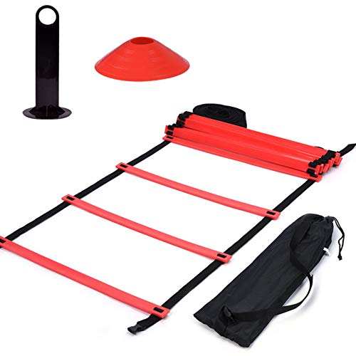 VGEBY Speed Training Agility Skill Coordination Ladder Kit - 12 Adjustable Rungs and 10 Marking Cones with Handle - for Football Skating (Colour: Red)