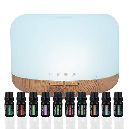 Aromatherapy Diffuser & Essential Oil Set – Ultrasonic Diffuser & Top 10 Essential Oils – 300ml Diffuser with 4 Timer & 7 Ambient Light Settings – Therapeutic Grade Essential Oils