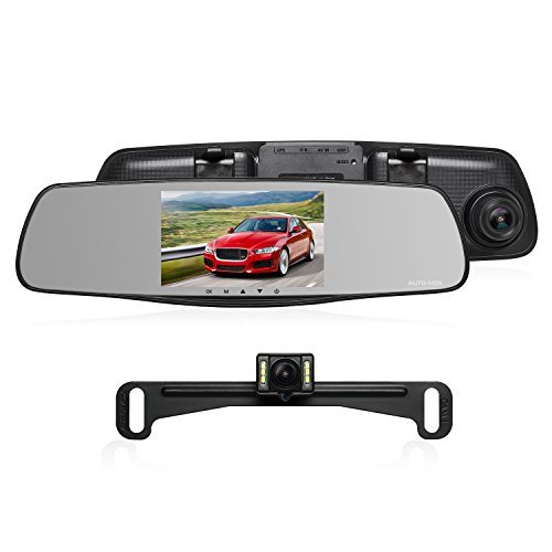 AUTO-VOX M3 Dual Lens Dash Cam 5” LCD Full HD 1080P Rearview Mirror Dash Cam and IP 68 Waterproof Car Reverse License Plate Backup Camera with LED Superior Night Vision Advanced Dashcam Parking Mode