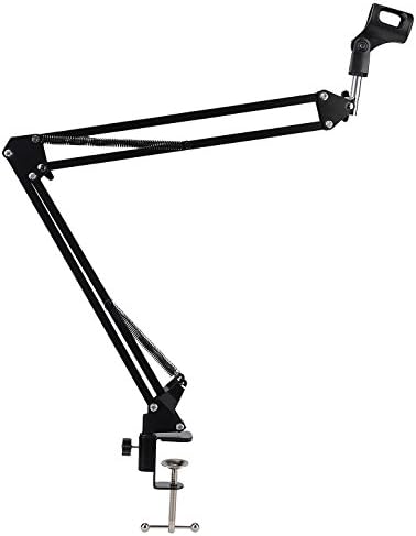 Hellniya Foldable Studio Adjustable Microphone Suspension Boom Scissor Arm Stand with Mic Clip Holder and Table Mounting Clamp