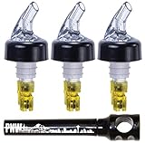 Automatic Measure Liquor Pourers, 1.5 Ounce, Yellow Tail Black Collar Clear Spout and 1 PNW Pocket Corkscrew, 3 Pack, Clear