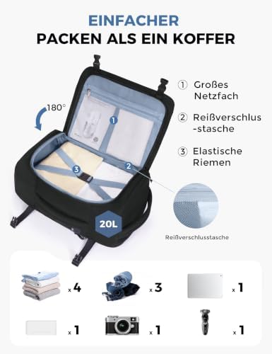 Handgepäck Rucksack für Ryanair Flugzeug Unter-Sitzplatz, Tiefes Laptopfach bis 14 Zoll, PET-Recycelte, Wasserdichter Reiserucksack für Herren & Damen, 40x20x25(Schwarz)