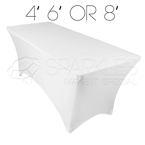 Sparkles Make It Special 1 pc 8' ft Rectangular Fitted Spandex Cloth Fabric Linen Tablecloth - Wedding Reception Restaurant Banquet Party - Machine Washable - Choice of Size - White