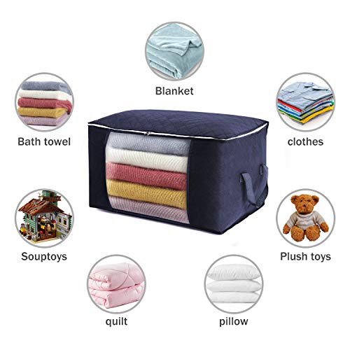 Clothes Storage Organizer, Large Storage Container with Thickened Handles for Bedding, Clothes and Blankets, Strong Zippers, Transparent Windows, 4 Pieces (Blue)