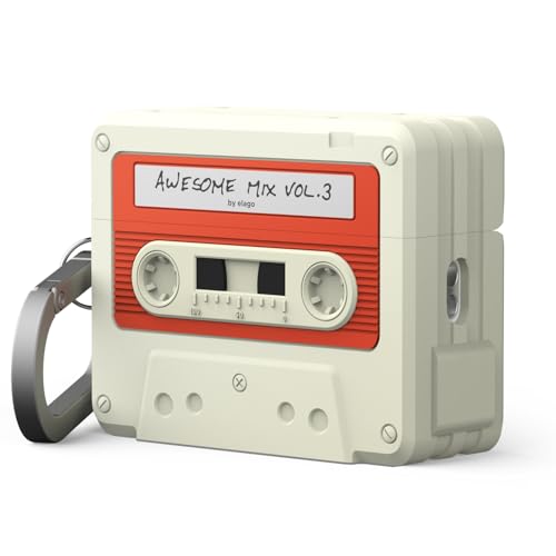 elago Retro Cassette Case Compatible with AirPods Pro 3, with Carabiner, Wireless Charging, Shockproof, Soft Silicone, Visible Front LED (Classic White)