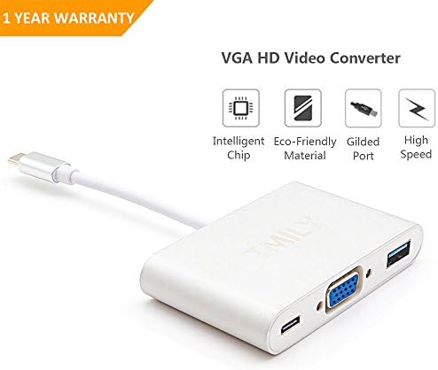 USB-C to VGA Adapter, Tmily 3 in 1 Type C VGA Multiport Adapter USB 3.0 Connector for Macbook, Lenovo Yoga 900, HP Spectre, Dell XPS, Chromebook and Other Laptop Devices with Type C Port (Silver)