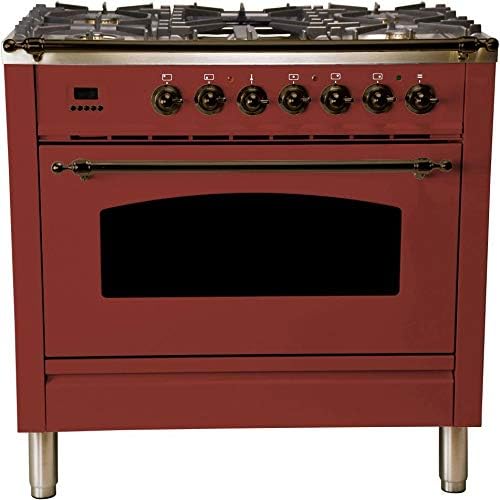 Ilve UPN90FDMPRBY 36" Dual Fuel Natural Gas Range with 5 Sealed Brass Burners,with Bronze Trim, in Burgundy
