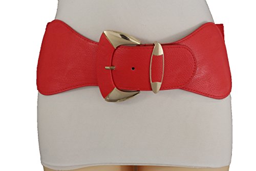 TFJ Women Fashion Wide Belt Elastic Hip High Waist Gold Metal Buckle Fits S M Red