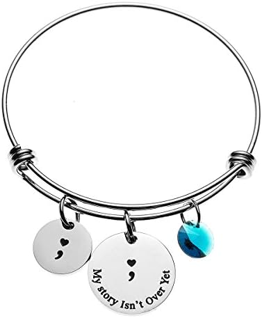 COMISAN Semicolon Bangle Expandable Inspirational Staniless Steel Bracelet Inspirational Depression Awareness Charm (My Story Isn't Over Yet)