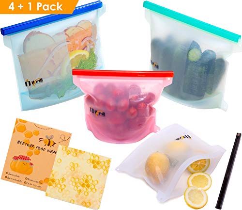 Reusable Silicone Food Storage Bags+Beeswax Wrap/Silicone ziploc containers for Sandwich & more -Leakproof and Completely Plastic-Free & Environment-Friendly/Freezer Dishwasher Safe lunch bag/Set of 5