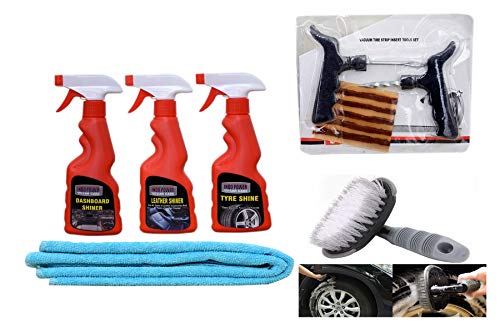 INDOPOWER KG957-1PC CAR Microfiber Cloth + Leather Shiner Spray 250ml+Dashboard Shiner Spray 250ml+TYRE Shiner Spray 250ml+ Tubelass Smart Panchar Kit.+All Tyre Cleaning Brush