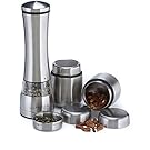 Electric Salt and Pepper Grinder and 2 Stainless Steel Spice Containers Set – Adjustable Spice Mill with Ceramic Burr – Suitable as Family or Mom Gift