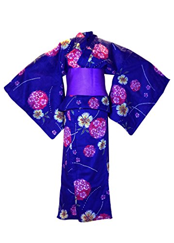 myKimono Women's Traditional Japanese Kimono Robe Yukata 506 with Purple Obi Belt / Blue with flower pattern