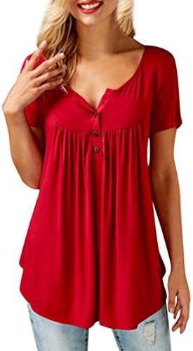 Quartly Women Casual Short Sleeve Row Pleats Button Ruched O-Neck Tops Loose Tee Shirts Summer T-Shirt Blouse (S, Red)