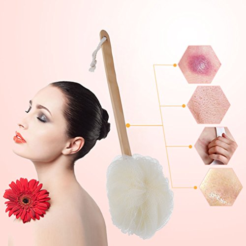 PRETTY SEE Exfoliating Loofah Body Brush with Long Wooden Handle Mesh Shower Bath Sponge